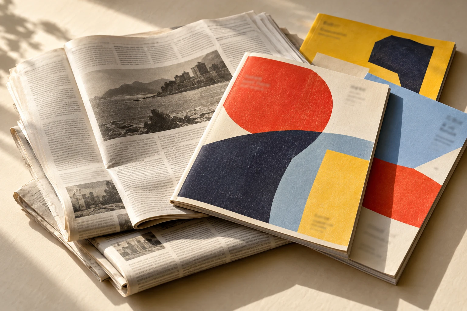 Composición editorial de periódicos y revistas con portadas de colores sobre papel claro